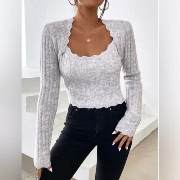 NWT Grey Scallop Trim Ribbed Knit Sweater super soft XL - Picture 1 of 4